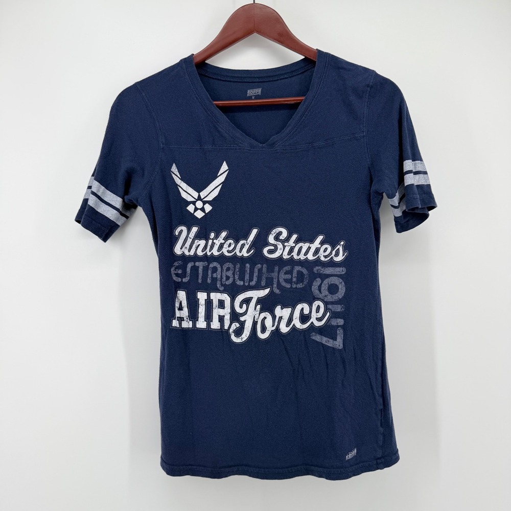Soffe Medium USAF Air Force Football Tee Navy V Neck Ladies Cut Varsity Military